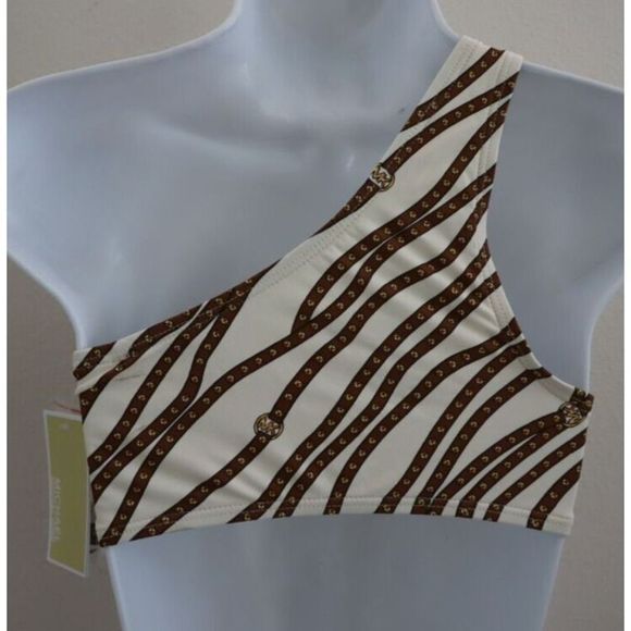 Michael Kors Women Sz XS Bone Diagonal Belt Logo Ring 1-Shoulder Bikini Top $80 - Picture 2 of 9